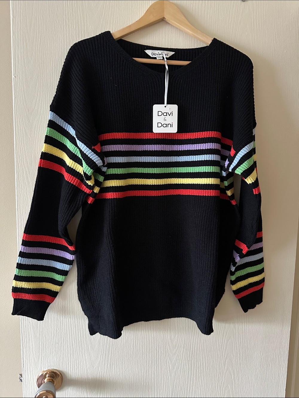 DAVI & DANI Black Crewneck Sweater with Rainbow Stripes